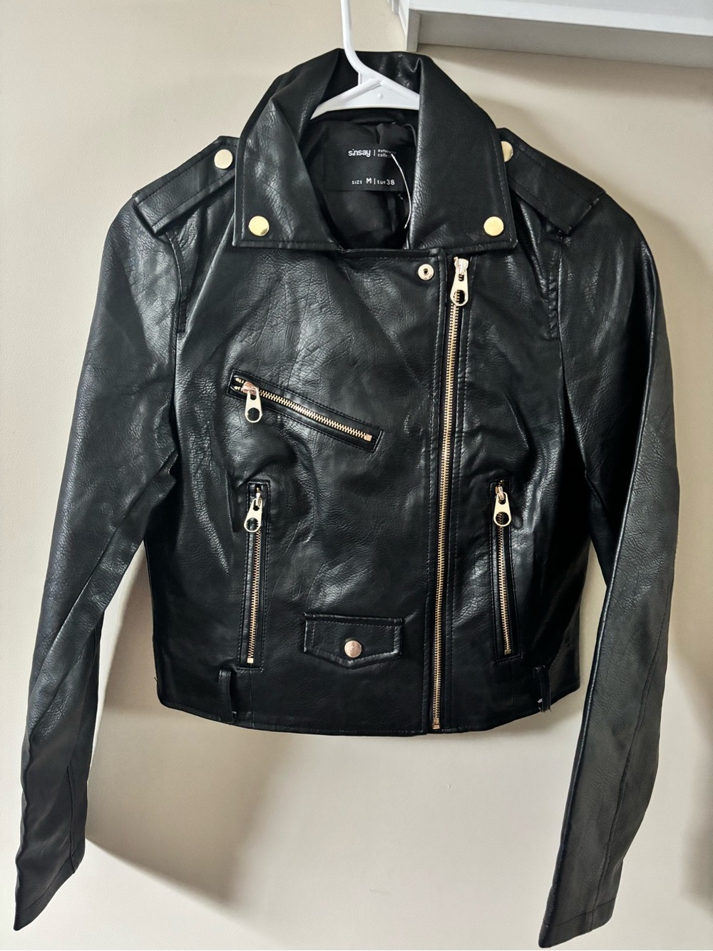 Black Faux Leather Moto Jacket with Gold Hardware